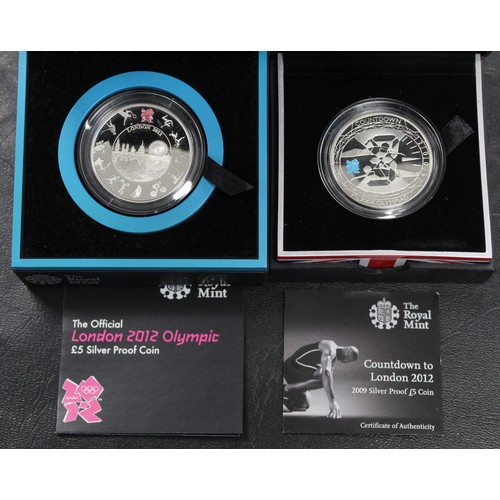 284 - A pair of London Olympic silver proof £5 coins comprised of 2009 Countdown 3 & 2012 Official coi... 