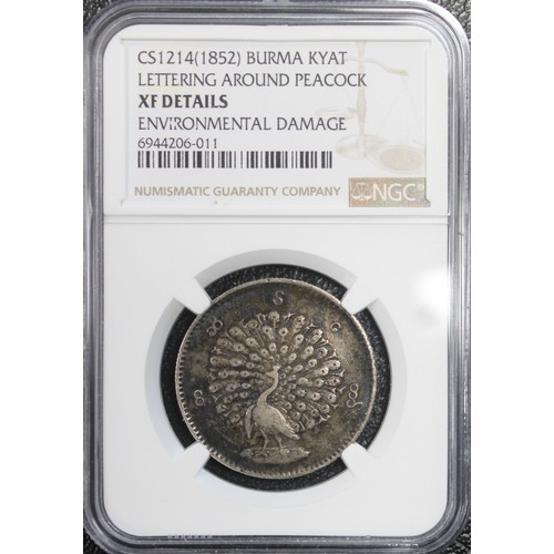 311 - Burma, 1852 Kyat. Presented in NGC non-numeric holder, XF Environmental Damage. Scarce, VF. [KM#10]... 