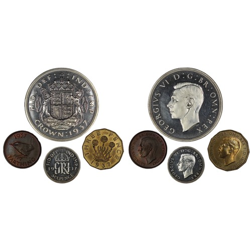 130 - 1937 Partial proof set (4) comprising crown, sixpence, brass threepence and farthing. Crown with mul... 