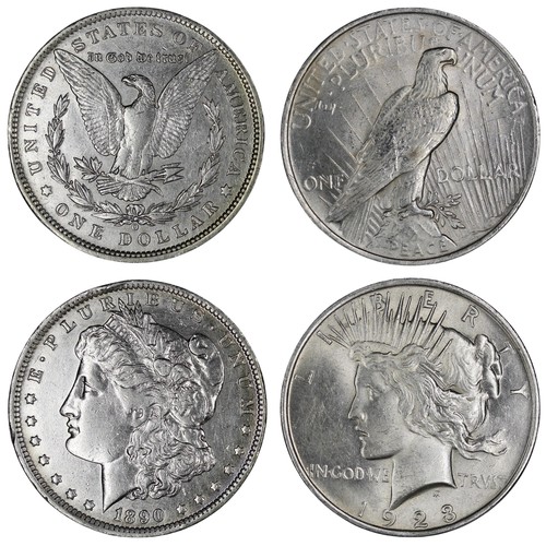 322 - USA, a pair of silver dollars including 1890-O Morgan dollar and 1923 Peace dollar. The first cleane... 