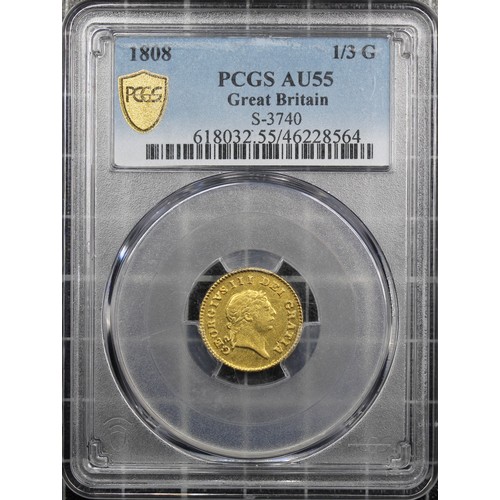 131A - 1808 Third Guinea, PCGS AU55, George III. An attractive example with underlying mint bloom. VF/gVF. ... 