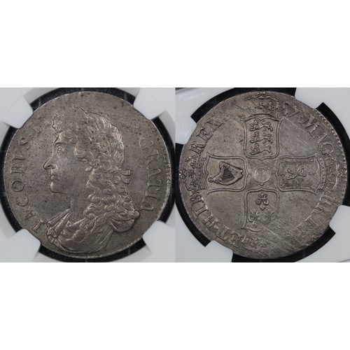 101 - 1687 Crown, James II. Edge TERTIO. Rev. 7 strings in harp. Presented in NGC Non-numeric holder, UNC ... 