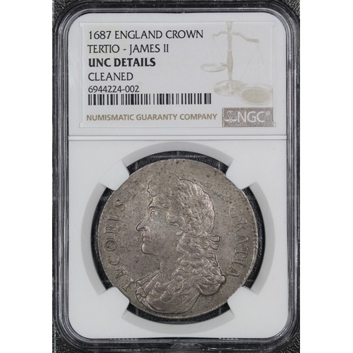 101 - 1687 Crown, James II. Edge TERTIO. Rev. 7 strings in harp. Presented in NGC Non-numeric holder, UNC ... 