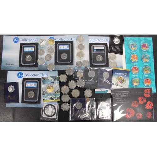 348 - A wide selection of 50p coins. Some carded or in push card and the remainder loose in capsules