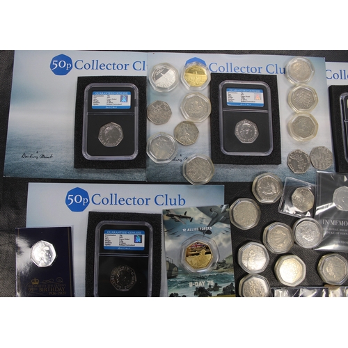 348 - A wide selection of 50p coins. Some carded or in push card and the remainder loose in capsules