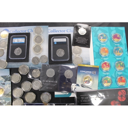 348 - A wide selection of 50p coins. Some carded or in push card and the remainder loose in capsules