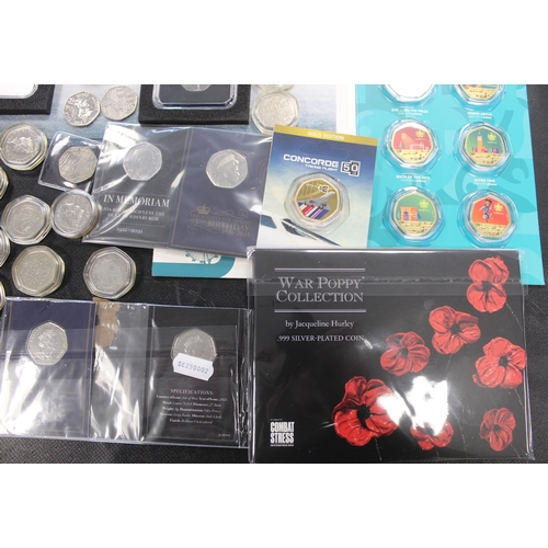 348 - A wide selection of 50p coins. Some carded or in push card and the remainder loose in capsules