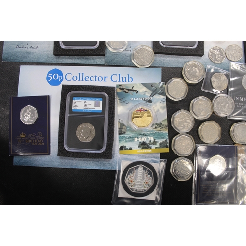 348 - A wide selection of 50p coins. Some carded or in push card and the remainder loose in capsules