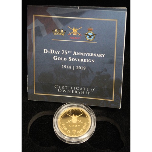 240A - Alderney, 2019 Gold proof sovereign, Elizabeth II. Struck to commemorate the 75th Anniversary of D-D... 