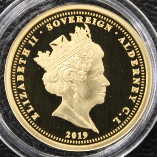 240A - Alderney, 2019 Gold proof sovereign, Elizabeth II. Struck to commemorate the 75th Anniversary of D-D... 