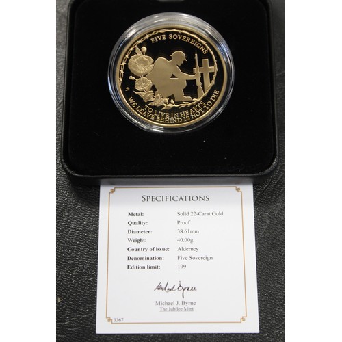 240F - Alderney, 2021 Gold proof five sovereign, Elizabeth II. Struck to commemorate Remembrance Day. As st... 