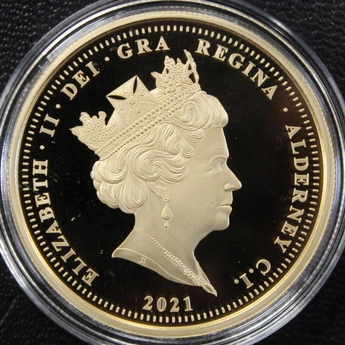 240F - Alderney, 2021 Gold proof five sovereign, Elizabeth II. Struck to commemorate Remembrance Day. As st... 