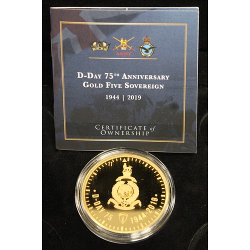 240E - Alderney, 2019 Gold proof five sovereign, Elizabeth II. Struck to commemorate the 75th Anniversary o... 