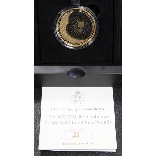 240R - Jersey, 2022 Gold reverse proof 1oz £5 coin, Elizabeth II. Struck to commemorate 101st Anniversary o... 