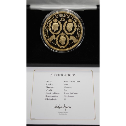 241A - Tristan Da Cunha, 2021 Gold proof 5oz £5 in 22ct gold, Elizabeth II. Struck to commemorate the 85th ... 