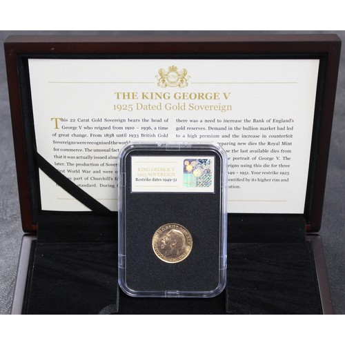 229C - 1925 Sovereign, George V. Presented in CPM holder, cased with COA. A few surface marks otherwise EF ... 