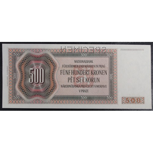 1 - Bohemia & Moravia 1942 500 Korun Specimen banknote. Uncirculated and particularly pleasing.