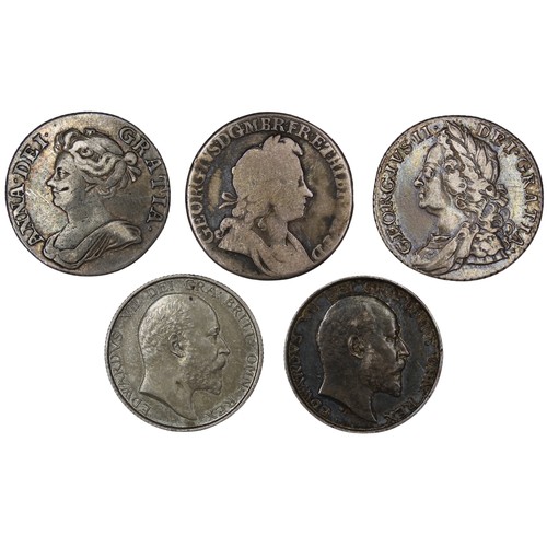 36 - Shillings (5), all pre-1920, comprising 1710 Roses & Plumes (3rd bust), 1723 SSC, 1758, 1902 mat... 