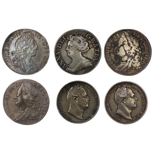 33 - Sixpence (6), all pre-1920, comprising 1697, 1711, 1739, 1758, 1836 & 1837. Matching cabinet ton... 