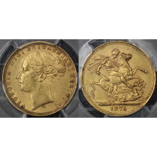 67 - Australia, 1875-M Sovereign, PCGS MS61, Victoria young head. Melbourne mint, reverse St. George &... 