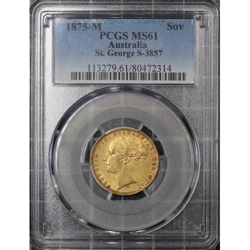 67 - Australia, 1875-M Sovereign, PCGS MS61, Victoria young head. Melbourne mint, reverse St. George &... 