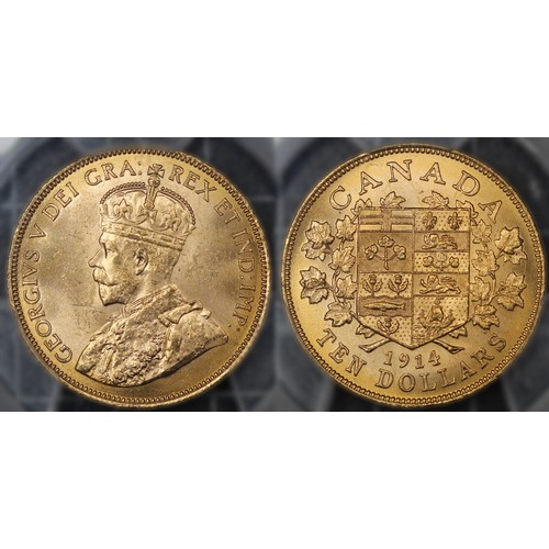 69 - Canada 1914 gold $10, PCGS MS63+, George V. Lustrous UNC or near and presented in Canadian gold Rese... 