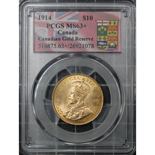 69 - Canada 1914 gold $10, PCGS MS63+, George V. Lustrous UNC or near and presented in Canadian gold Rese... 