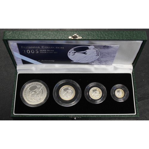 81 - 2005 Silver Britannia 4-coin proof set in green case of issue with COA. Special reverse design by Ph... 