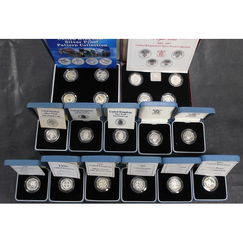 112 - Silver proof £1 coins (19) comprising 1984-1987 4-coin set, 1987, 1988 (2), 1989, 1991, 1995, 1996, ... 