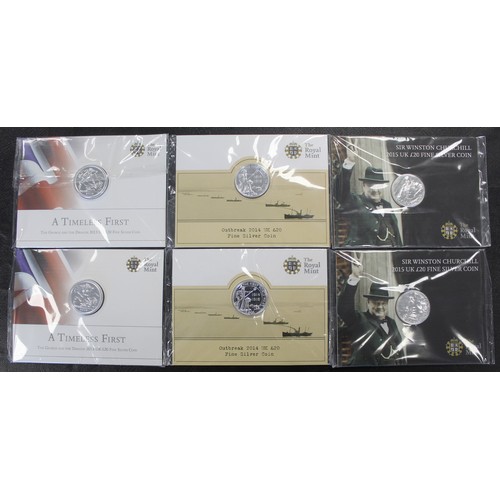 284 - BUNC Silver £20 coins (6) comprising 2013 George & Dragon (2), 2014 Outbreak of WWI (2) & 20... 