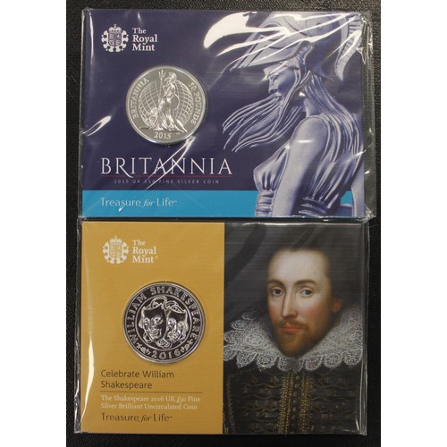 283 - A pair of silver £50 coins comprising 2015 Britannia and 2016 William Shakespeare. Both as struck in... 