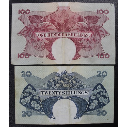 2 - The East Africa Currency Board, 100 Shillings and 20 Shillings banknotes, Elizabeth II. Both with ce... 