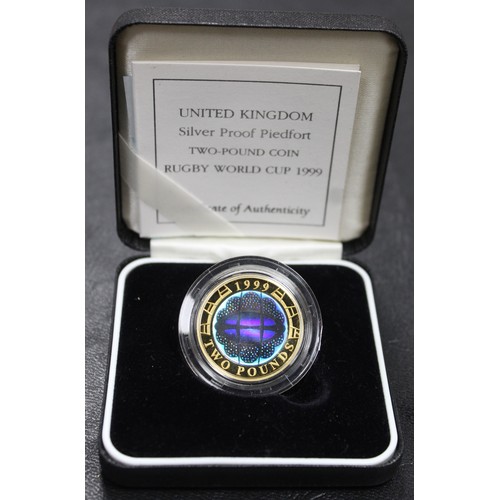 102 - 1999 Silver proof piedfort £2 with holographic finish. Struck to celebrate the first Rugby World Cup... 