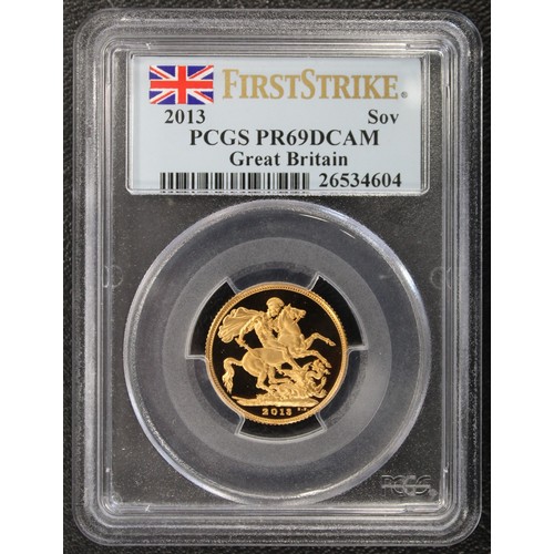 68 - PCGS PR69 Ultra Cameo 2013 Proof sovereign, Elizabeth II. Obverse portrait by Ian Rank-Broadley. Abo... 