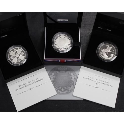 100 - A set of three silver proof £5 coins all with Prince George interest including 2013 Christening, 201... 