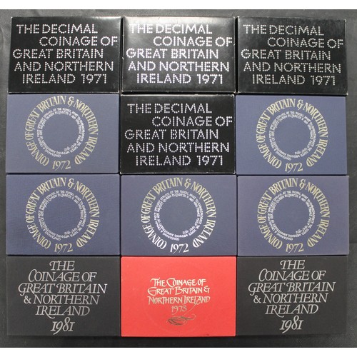 163 - Royal Mint proof sets (12) comprising 1971 (4), 1972 (5), 1973 and 1981 (2). Occasional toning.