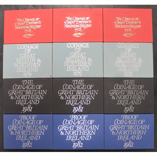 164 - Royal Mint proof sets (12) comprising 1973 (3), 1979 (3), 1981 (3) and 1982 (3). Occasional toning.