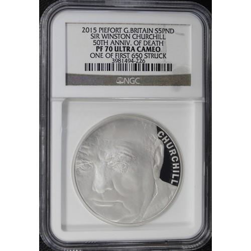 97 - NGC PF70 Ultra Cameo, 2015 Silver proof piedfort £5 commemorating the 50th Anniversary of the Death ... 