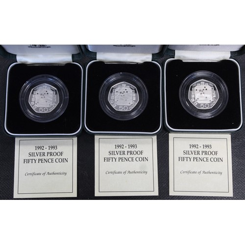 117 - A trio of 1992-1993 Silver proof dual date EEC 50p coin in green Royal Mint Bradford and Bingley pre... 