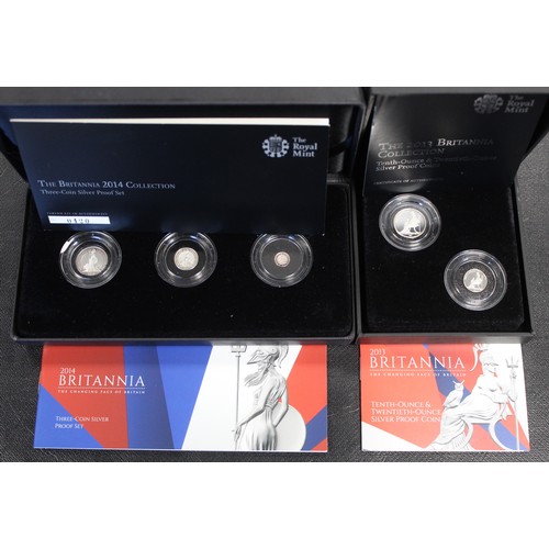 84 - 2013 & 2014 Silver proof Britannia fractional coin sets, Elizabeth II. The 2013 2-coin set set c... 