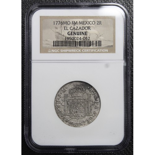 173 - Mexico 1783 2 Reales from the El Cazador shipwreck. Coin certified Genuine in NGC shipwreck holder w... 