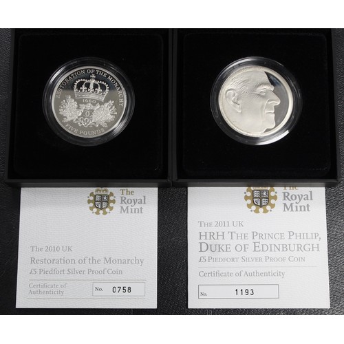 94 - 2010 & 2011 Silver proof piedfort £5 coins. The first commemorating the Restoration of the Monar... 