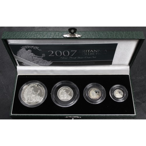 82 - 2007 Silver Britannia 4-coin proof set in green case of issue with COA. Special reverse design creat... 