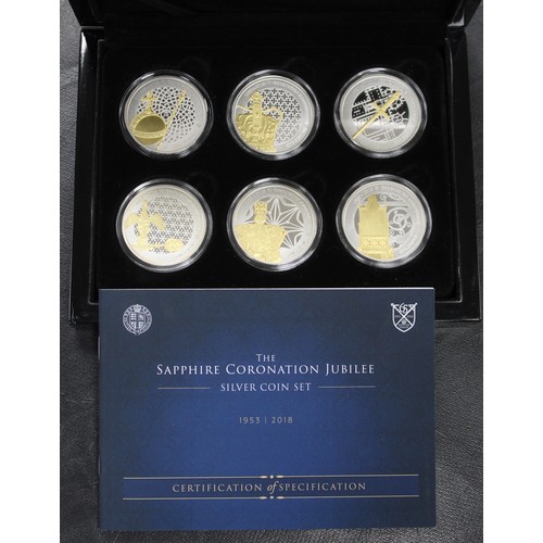 296 - Tristan da Cunha 2018 Sapphire Coronation silver proof 6-coin crown set with gold accented reverse d... 