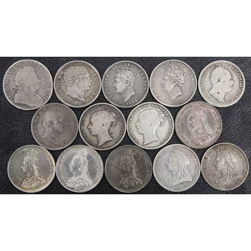 328 - Shillings (13), all pre-1920, comprising 1723 SSC, 1819, 1825, 1826, 1834 (2), 1855, 1860, 1887 (4, ... 