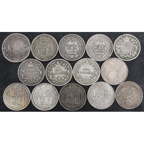 328 - Shillings (13), all pre-1920, comprising 1723 SSC, 1819, 1825, 1826, 1834 (2), 1855, 1860, 1887 (4, ... 