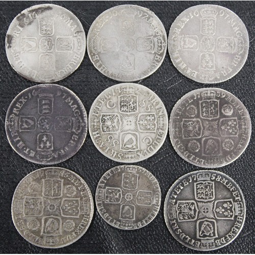 327 - Shillings and sixpence (9), all early milled issues. The shillings comprise 1696-B, 1697-y, 1697 (2)... 