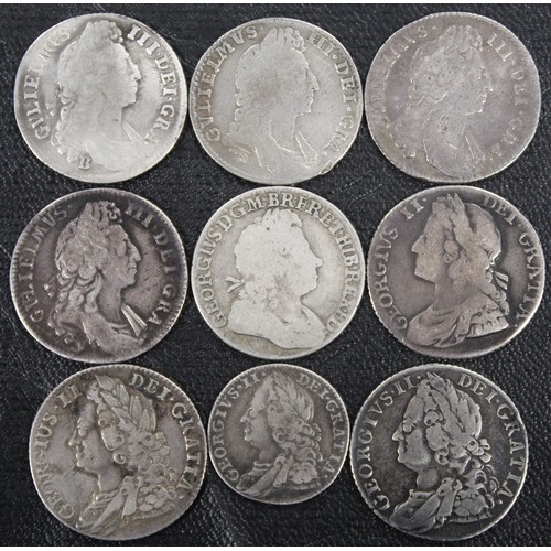 327 - Shillings and sixpence (9), all early milled issues. The shillings comprise 1696-B, 1697-y, 1697 (2)... 