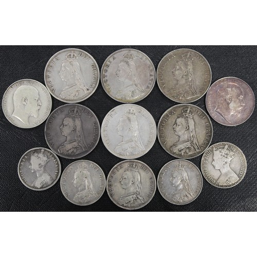 332 - Pre-1920 silver assortment (13), comprising 1887 double florins (5, all Arabic 1), 1888 double flori... 