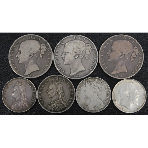 333 - Pre-1920 silver assortment (7), comprising 1844 crown (star stops), 1844 crown (cinquefoil stop), 18... 